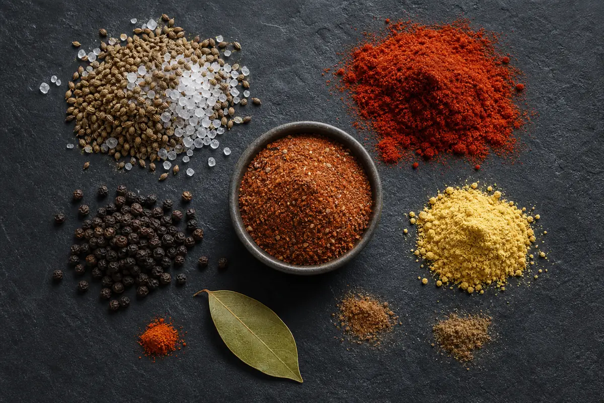 Celery seed salt paprika black pepper mustard cayenne and warm spices around a reddish seafood seasoning - Old Bay ingredients | KnowTheSpices
