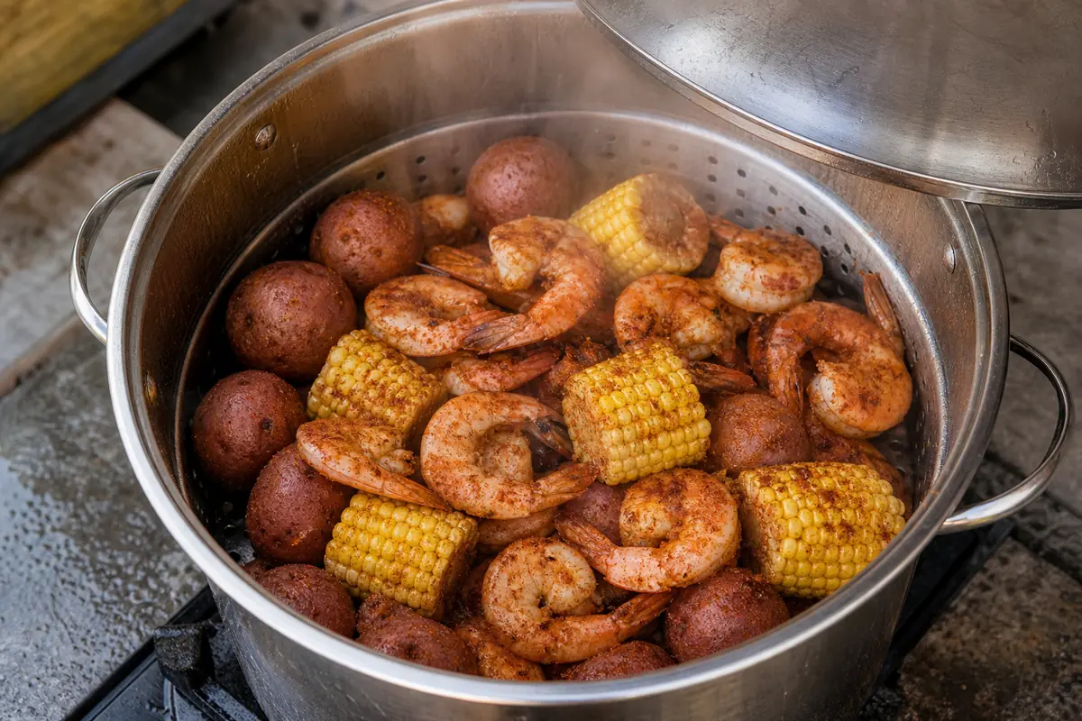 Seasoned shell-on shrimp corn and red potatoes steaming above water - using Old Bay on seafood | KnowTheSpices