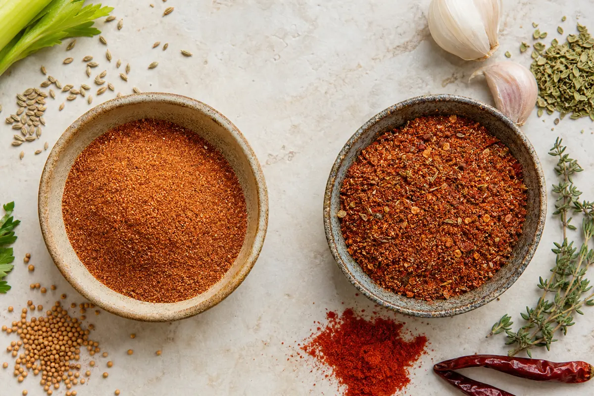 Fine celery-forward seafood seasoning beside a coarse Cajun blend with garlic herbs and chile - Old Bay versus Cajun seasoning | KnowTheSpices