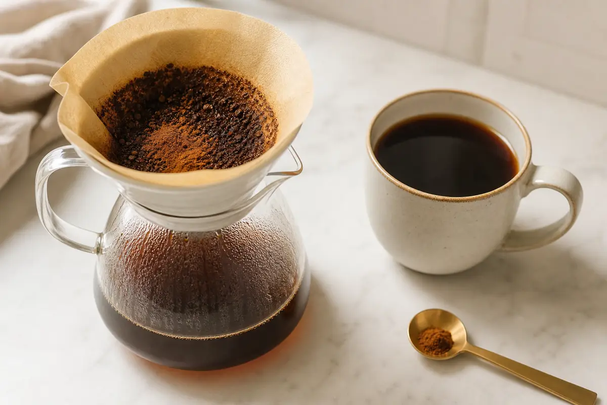 Coffee grounds and pumpkin pie spice in a paper filter beside a clear brewed cup - pumpkin pie spice in coffee | KnowTheSpices