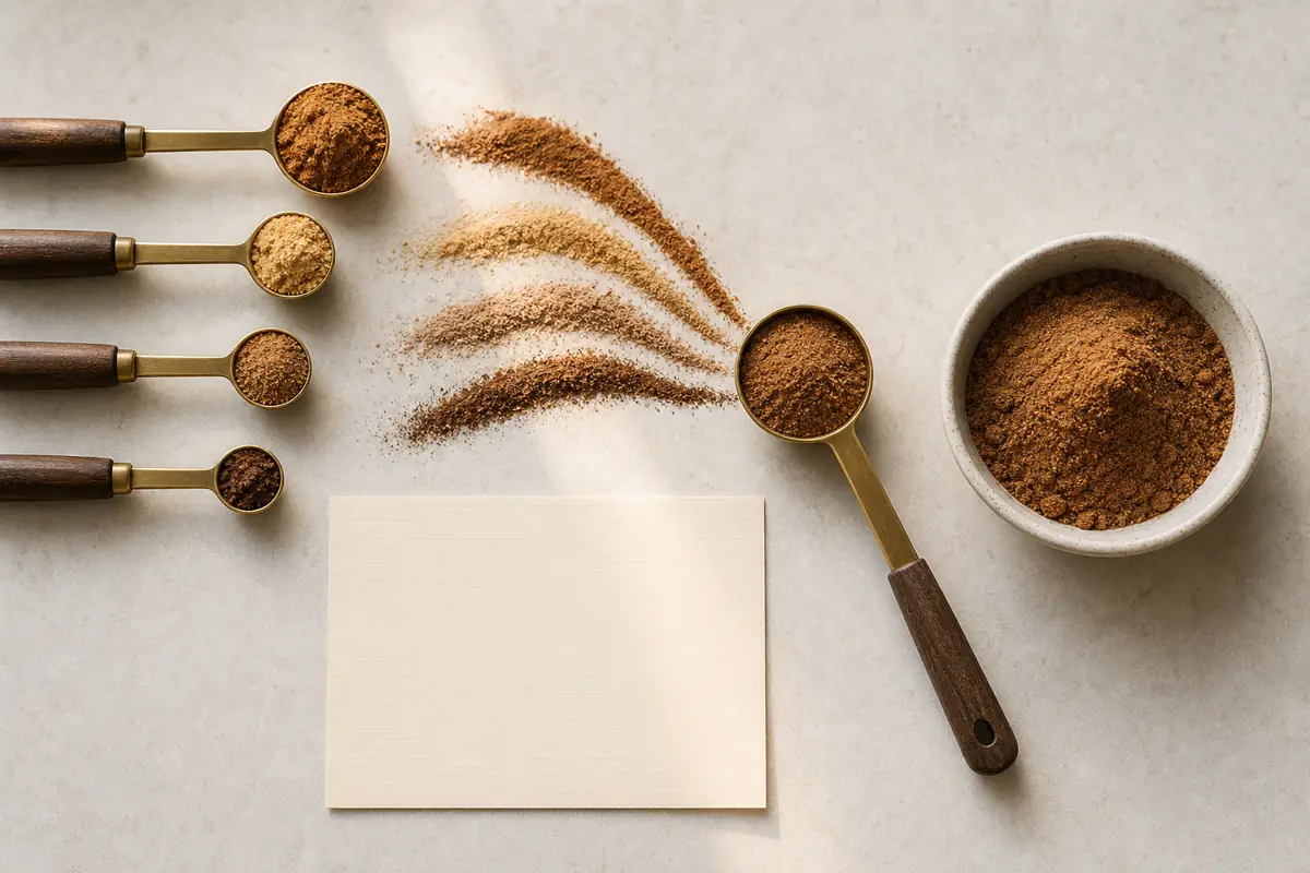Four warm spices flowing from separate spoons into one combined pumpkin pie spice measure - replacing separate spices | KnowTheSpices