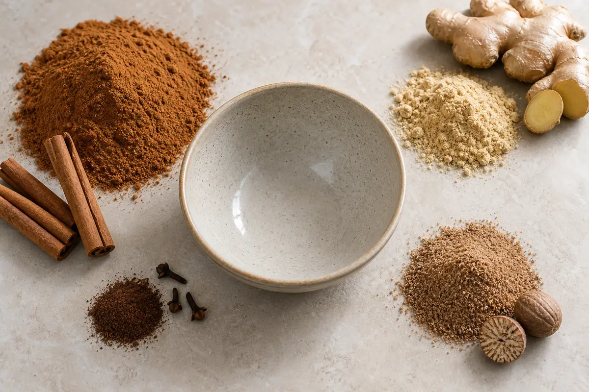 Large cinnamon share with smaller ginger nutmeg and clove portions around a mixing bowl - pumpkin pie spice ingredients | KnowTheSpices