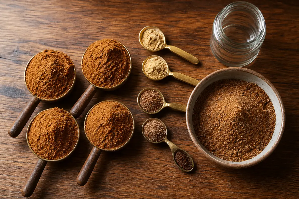 Measured cinnamon ginger nutmeg and clove beside a bowl and jar - homemade pumpkin pie spice ratio | KnowTheSpices