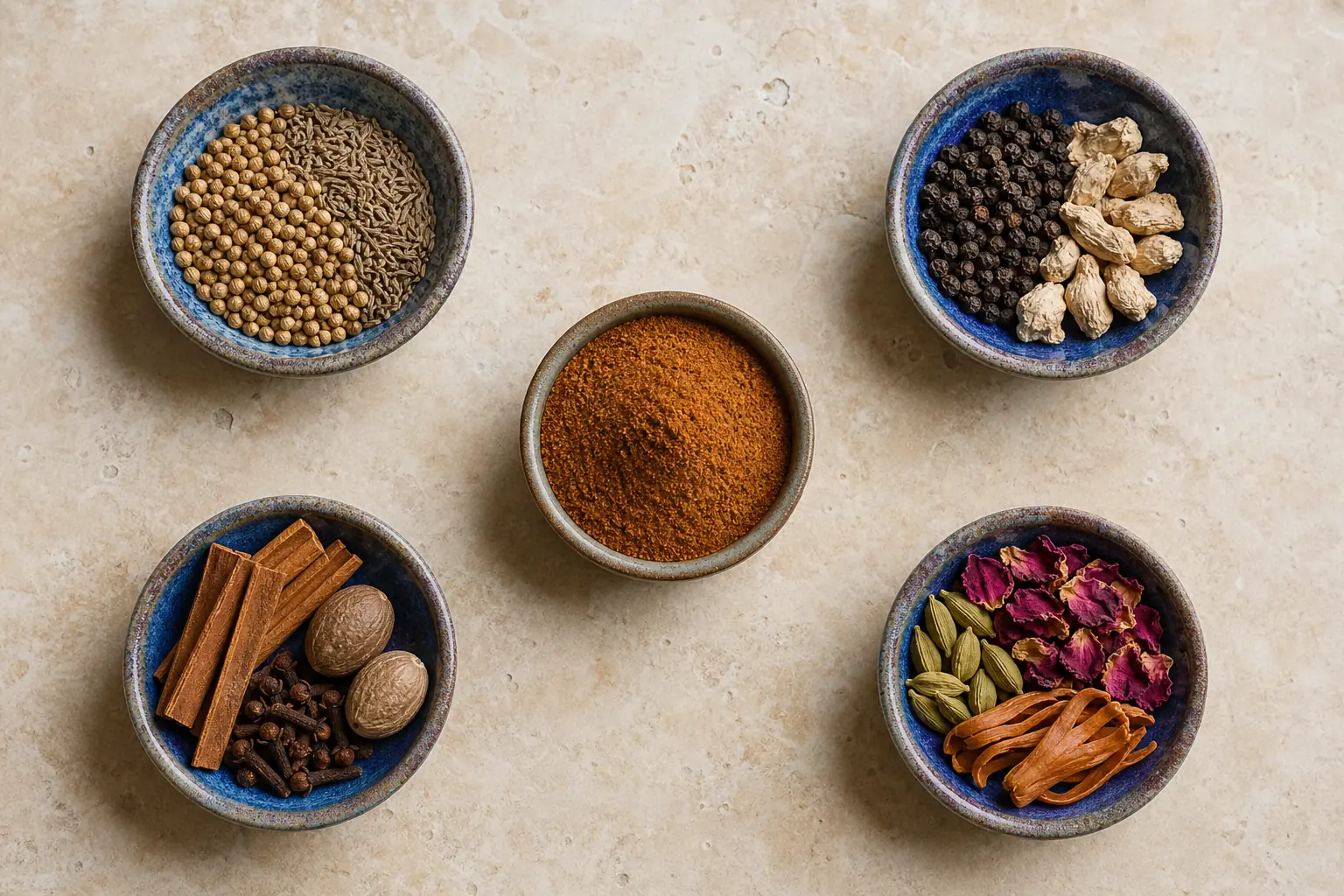 Bowls of cumin, coriander, pepper, ginger, cinnamon, nutmeg, cardamom, rose petals, mace, and ground ras el hanout