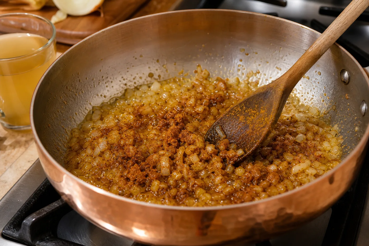 Ras el hanout blooming with chopped onions and oil in a copper pan before broth is added