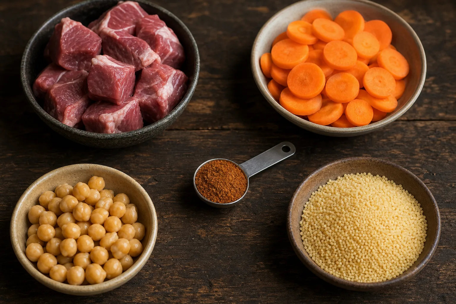 A teaspoon of ras el hanout beside lamb, carrots, chickpeas, and couscous on a dark table