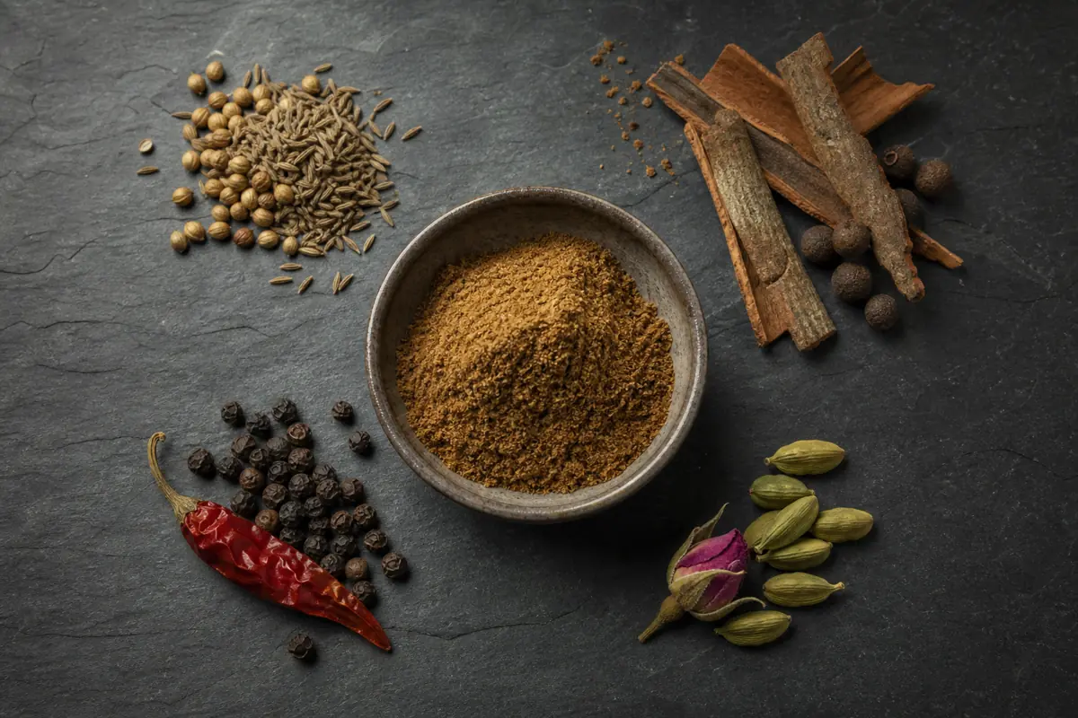 Ras el hanout beside earthy, sweet, peppery, and floral ingredient groups - ras el hanout ingredients | KnowTheSpices