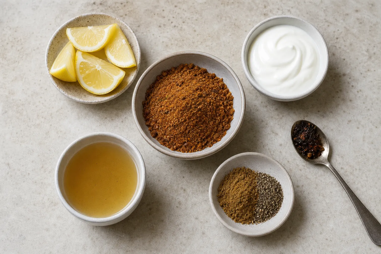 Ras el hanout with lemon, yogurt, broth, pepper, cumin, and a dark scorched spoon for fixing flavor problems