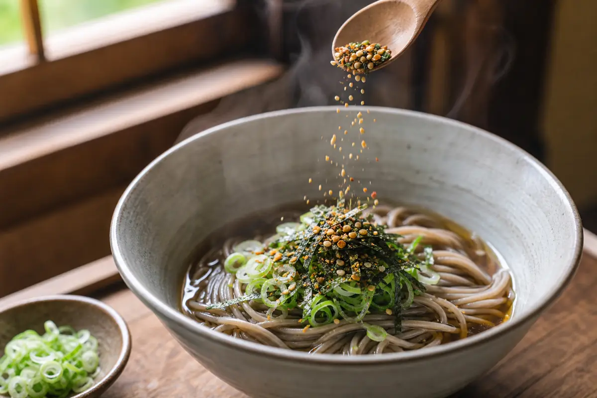 A small spoon sprinkling multicolored shichimi over finished soba noodles - when to add shichimi togarashi | KnowTheSpices