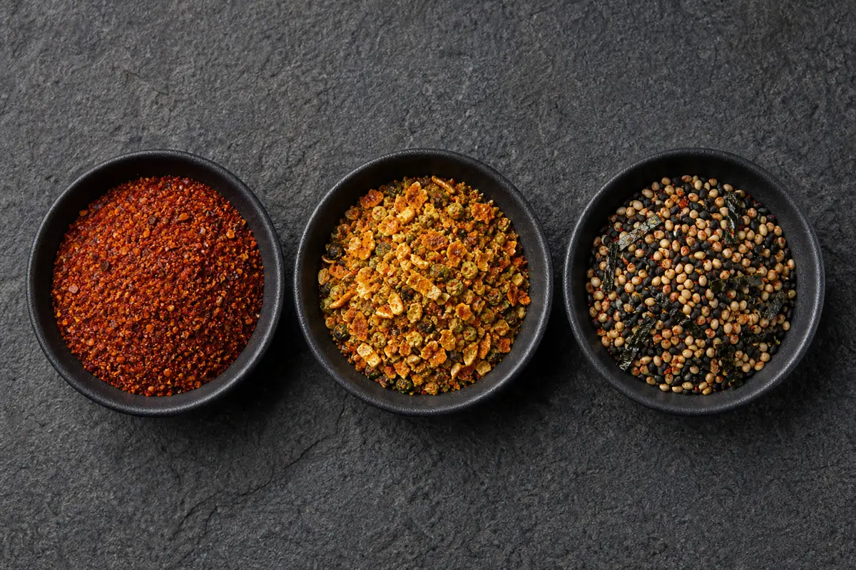 Chile-forward citrus-forward and seed-forward shichimi blends in three bowls - choosing shichimi togarashi | KnowTheSpices
