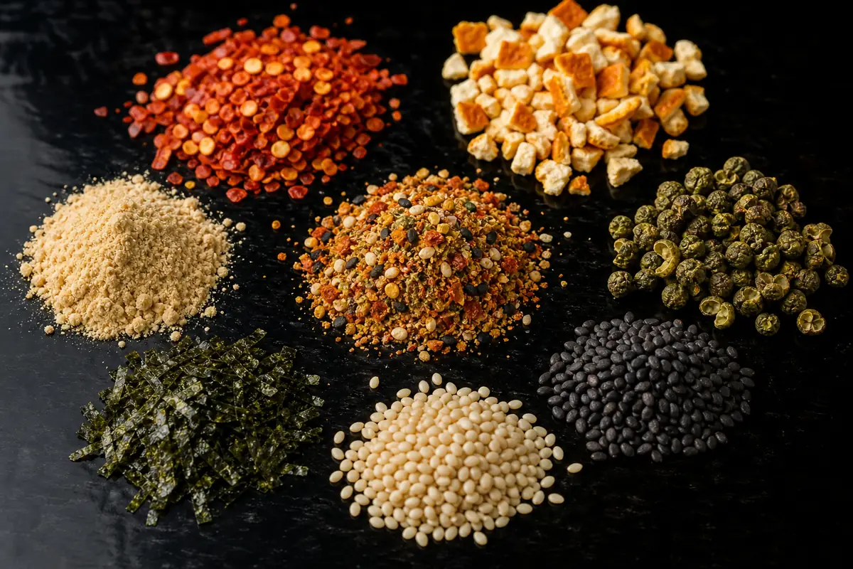 Red chile dried citrus sansho black and white sesame nori and ginger around shichimi - shichimi togarashi ingredients | KnowTheSpices