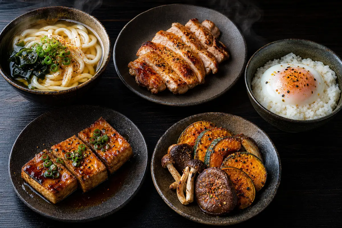 Shichimi on udon grilled chicken egg rice glazed tofu roasted mushrooms and squash - shichimi togarashi uses | KnowTheSpices