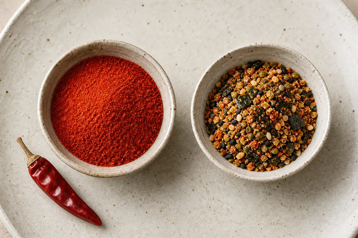 Plain red ichimi chile powder beside coarse multicolored shichimi with peel sesame sansho and nori - shichimi versus ichimi | KnowTheSpices