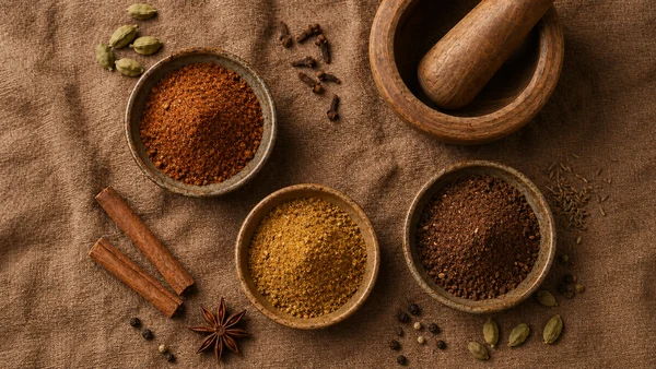 Ceramic bowls of spice blends with a wooden mortar and scattered whole spices