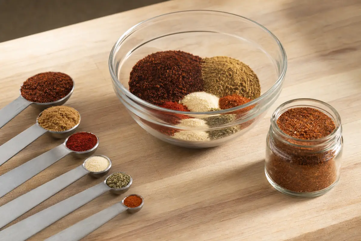 Measured chili powder cumin paprika garlic oregano and cayenne beside homemade taco seasoning - homemade taco seasoning | KnowTheSpices