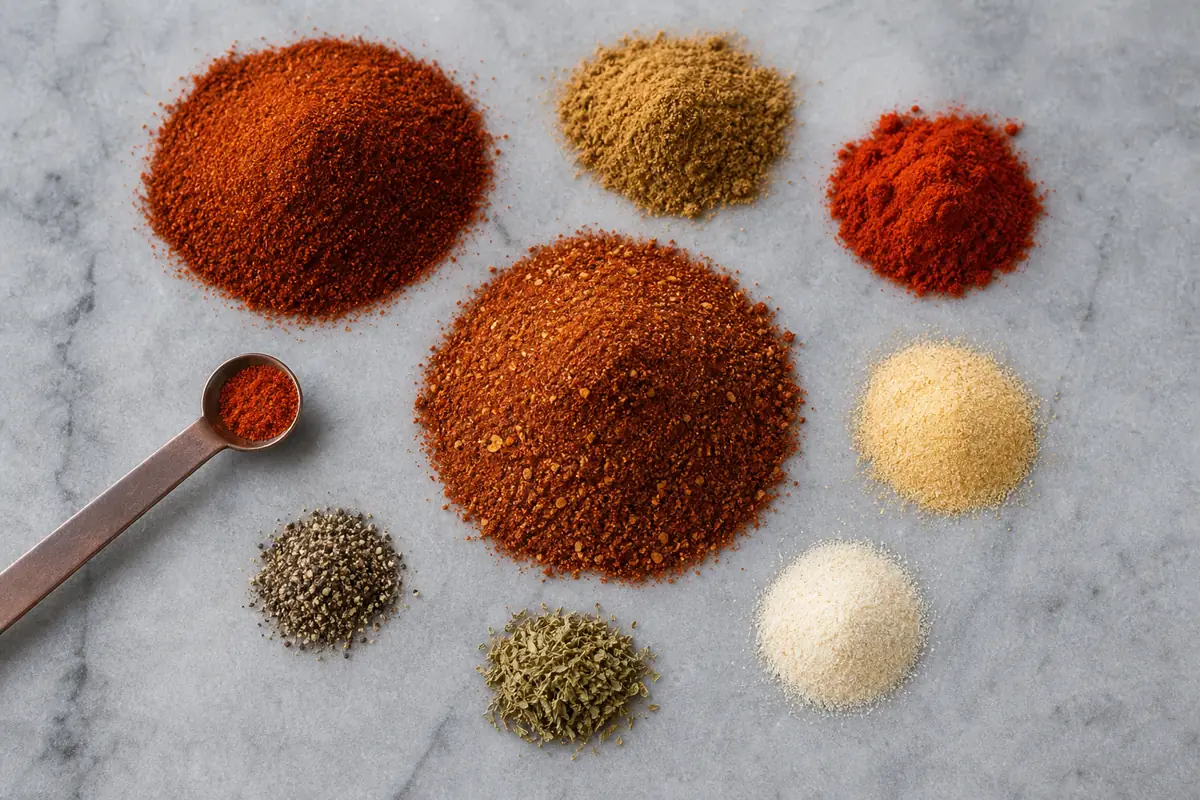 Chili powder cumin paprika garlic onion oregano and cayenne arranged around taco seasoning - taco seasoning ingredients | KnowTheSpices