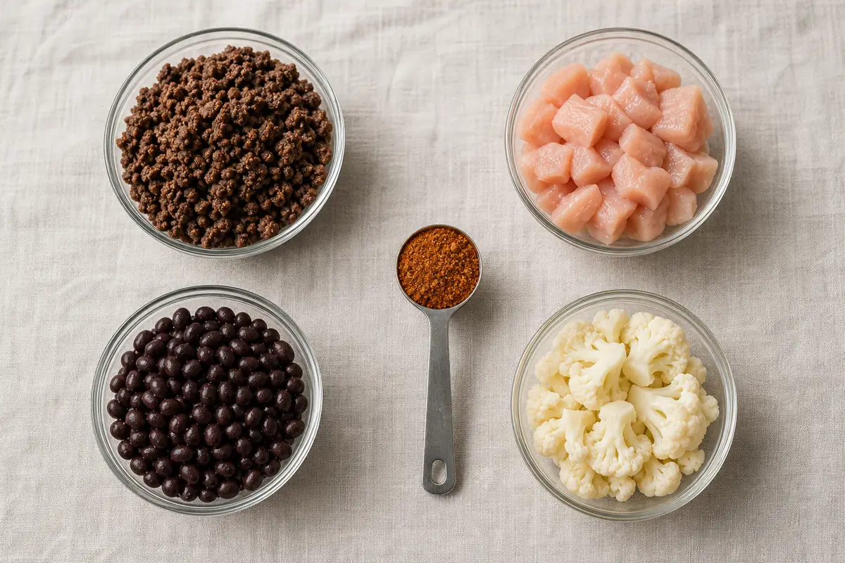 Two tablespoons taco seasoning beside one pound portions of beef chicken beans and vegetables - taco seasoning per pound | KnowTheSpices