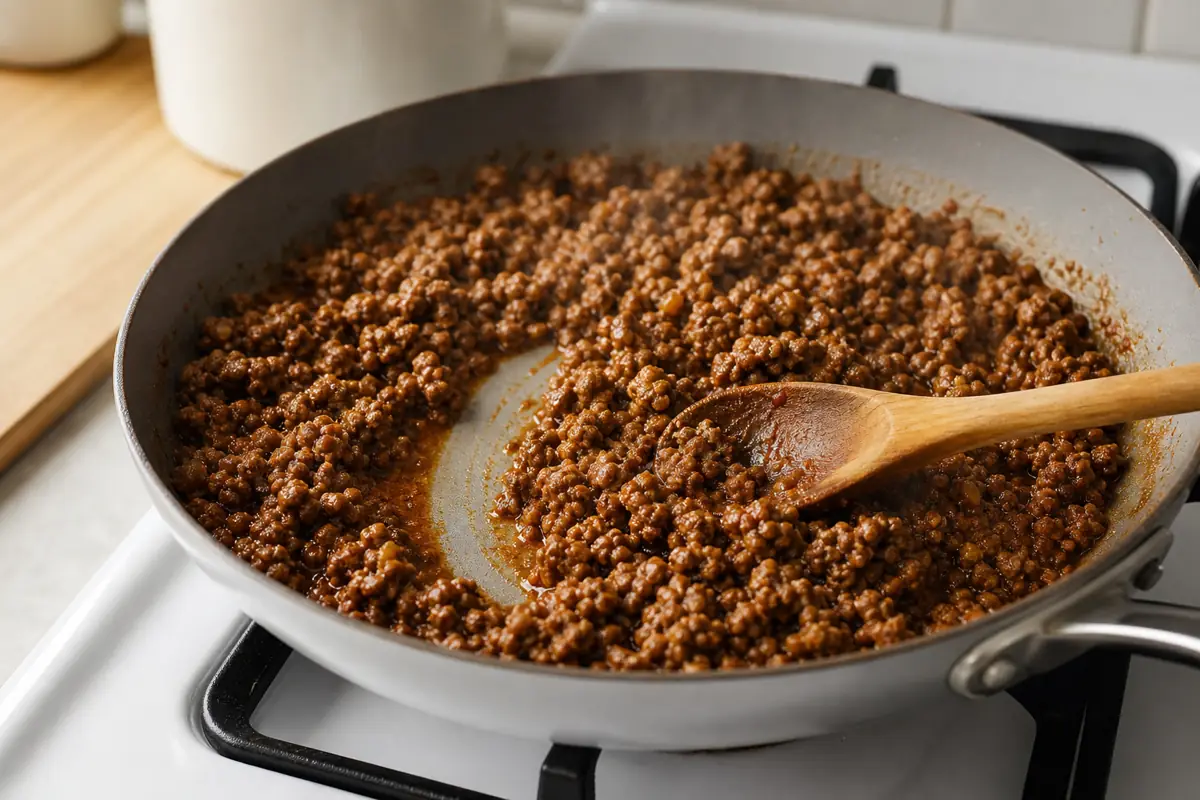 Taco filling simmering from loose seasoned liquid to a glossy coating - taco seasoning water and reduction | KnowTheSpices