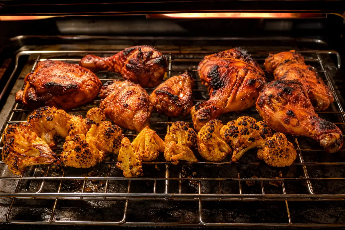 Tandoori marinated chicken and cauliflower browning on a raised rack under a broiler - tandoori cooking at home | KnowTheSpices