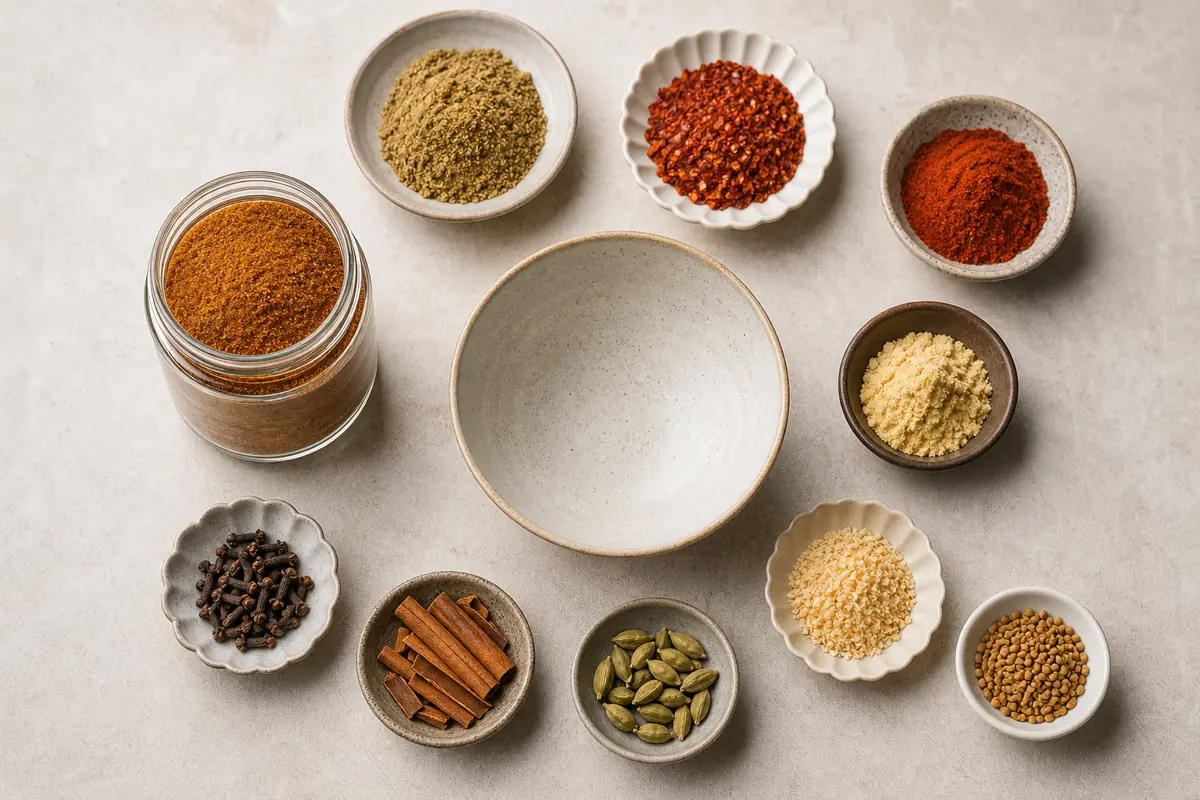 Measured coriander cumin chile paprika ginger garlic and warm spices forming homemade tandoori masala - homemade tandoori masala | KnowTheSpices