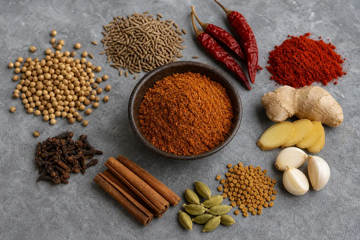 Coriander cumin red chile ginger garlic fenugreek and warm spices around tandoori masala - tandoori masala ingredients | KnowTheSpices