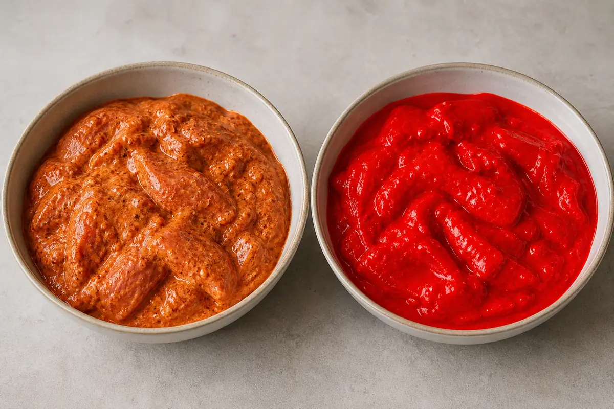 Brick red chile tandoori marinade beside an unnaturally bright red version - tandoori masala red color | KnowTheSpices
