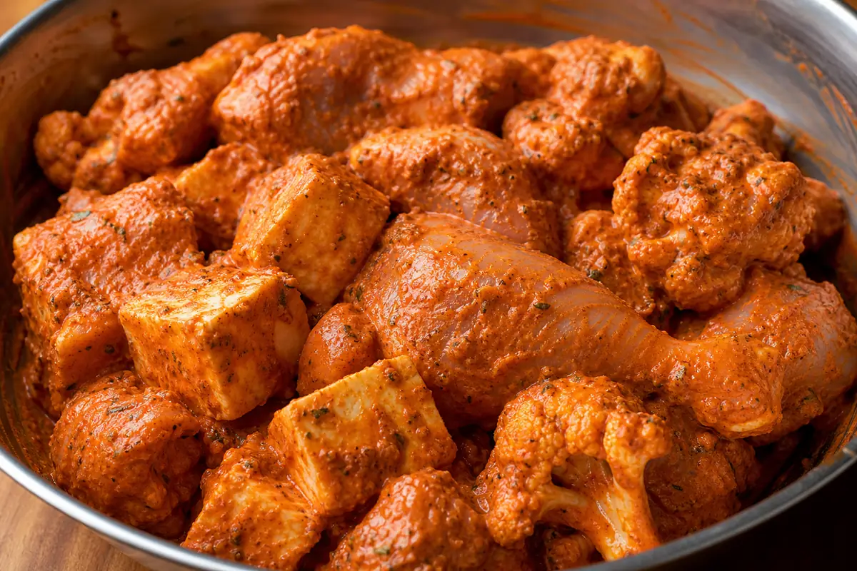 Thick tandoori yogurt marinade clinging to chicken paneer and cauliflower - tandoori masala marinade | KnowTheSpices
