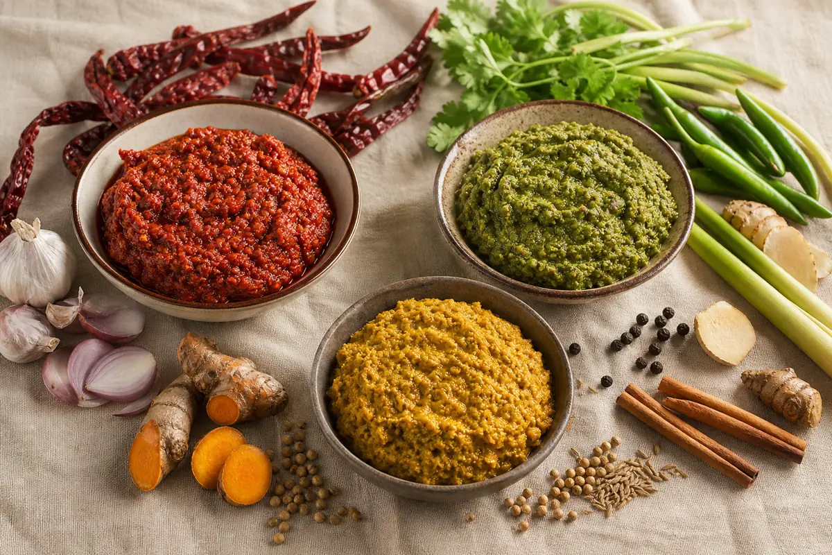 Red green and yellow Thai curry pastes with their chile herb and turmeric ingredients - Thai curry paste colors | KnowTheSpices