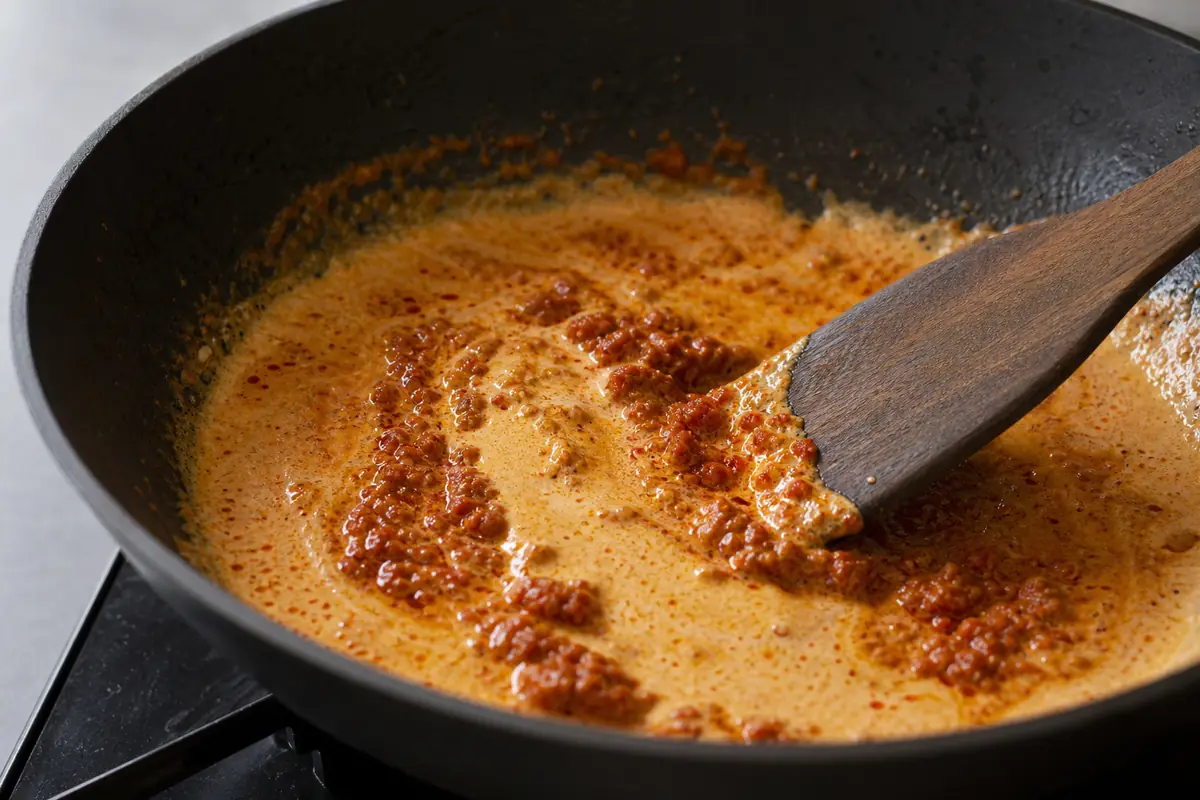 Thai curry paste frying in coconut cream until fragrant with small oil beads - frying Thai curry paste | KnowTheSpices
