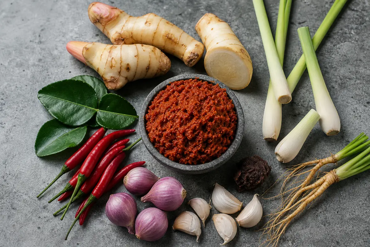 Chiles lemongrass galangal makrut lime shallot garlic and shrimp paste around Thai curry paste - Thai curry paste ingredients | KnowTheSpices