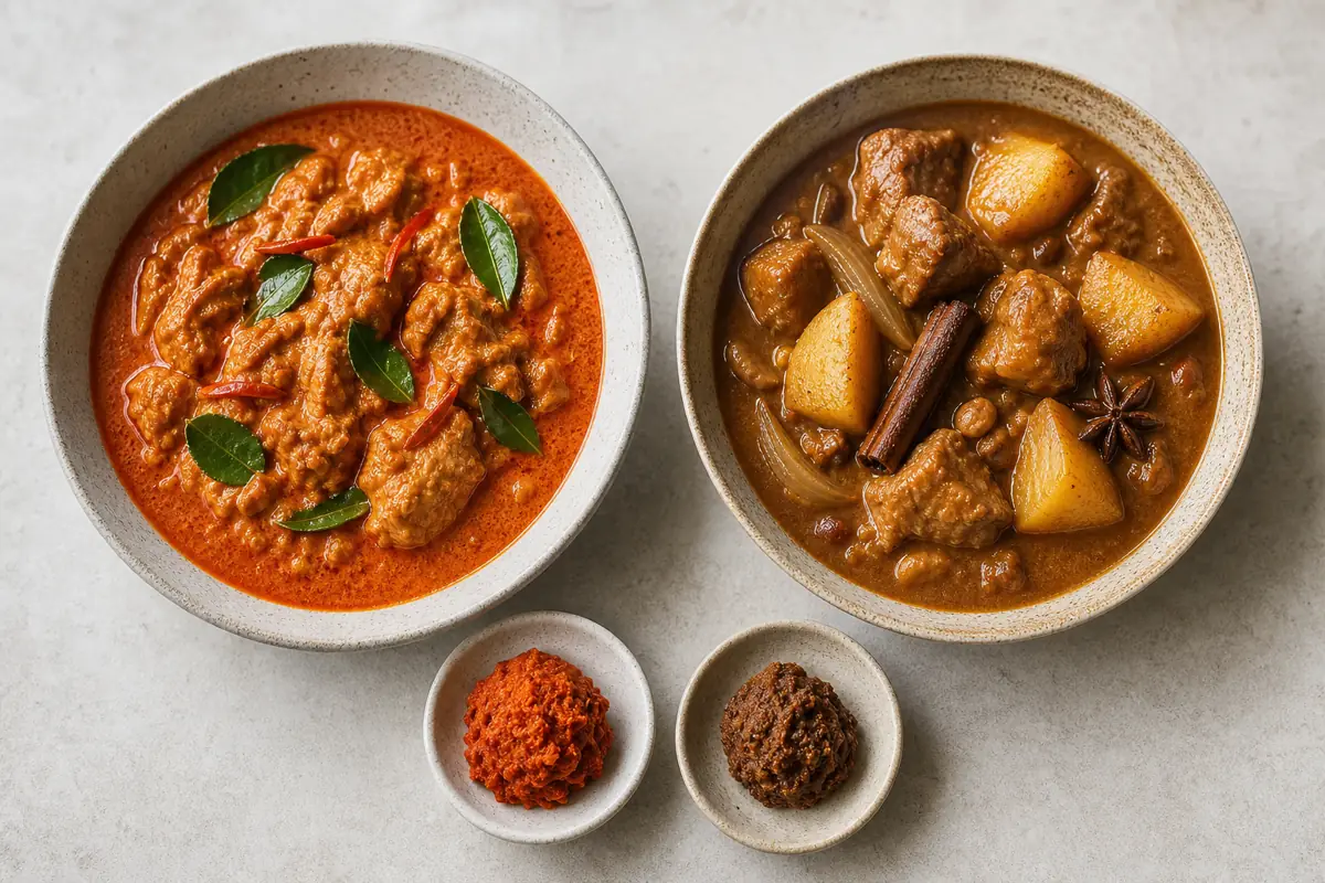 Thick panang curry paste and warm-spiced massaman curry paste beside finished sauces - panang and massaman curry paste | KnowTheSpices