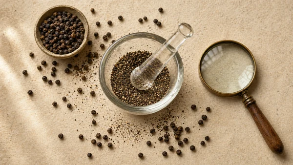 Glass mortar, magnifying glass, and black peppercorns on a warm cream surface