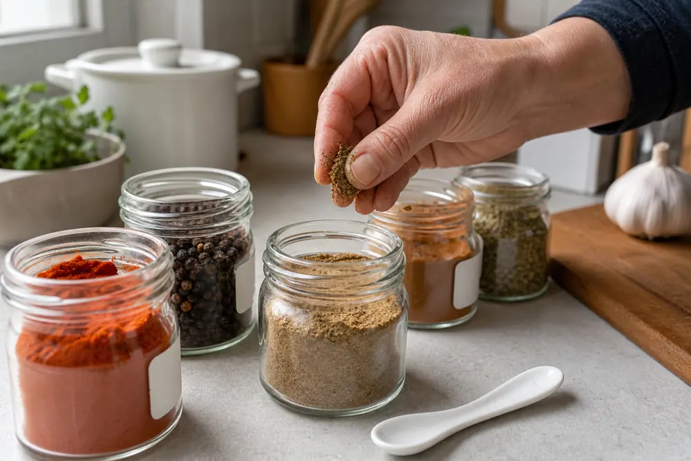 Hand rubbing a pinch of dry spice beside open jars of paprika, cinnamon, oregano, and peppercorns