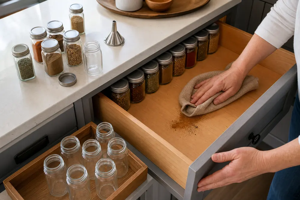 Spice drawer being wiped clean with small empty jars ready for restocking