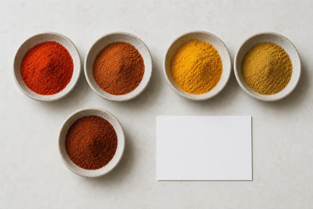 Bright and faded paprika and turmeric powders arranged in small bowls for a color freshness check