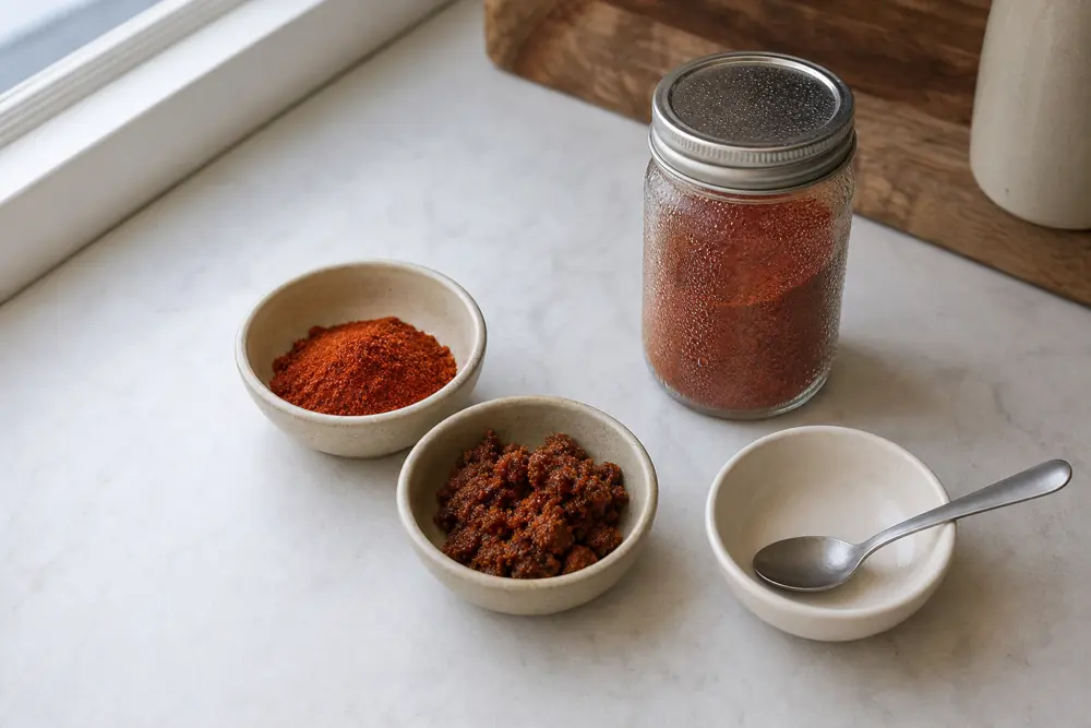Loose dry red spice beside sticky clumped spice and a clean spoon for checking moisture damage