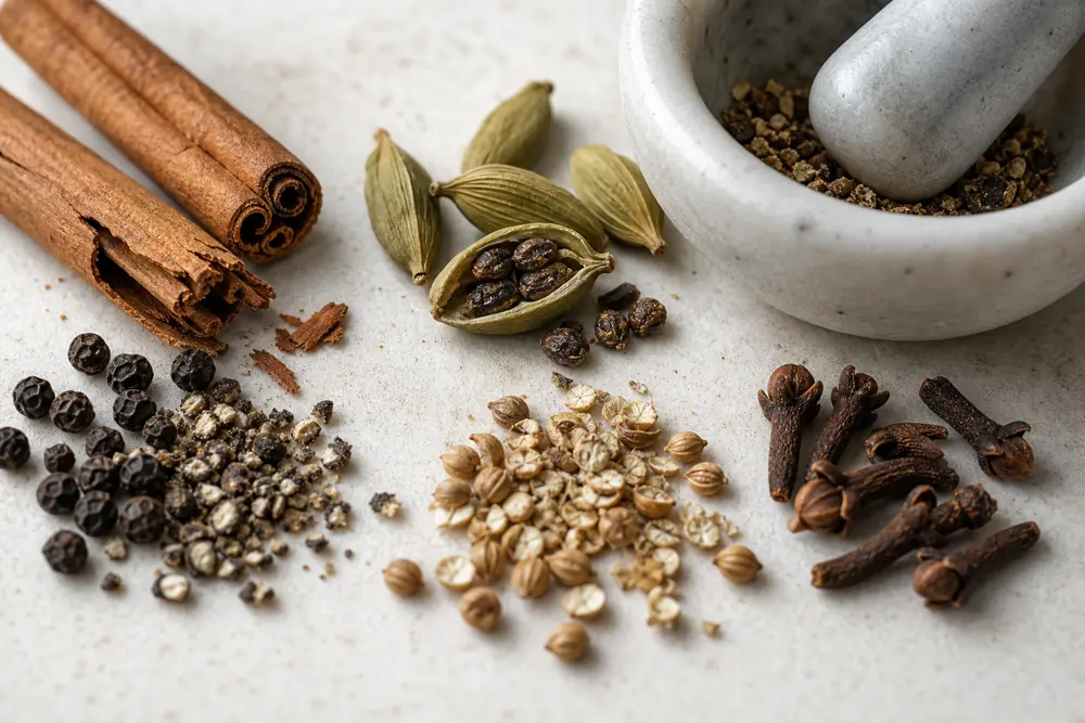 Cracked cardamom, cinnamon, peppercorns, coriander seeds, and cloves beside a mortar and pestle