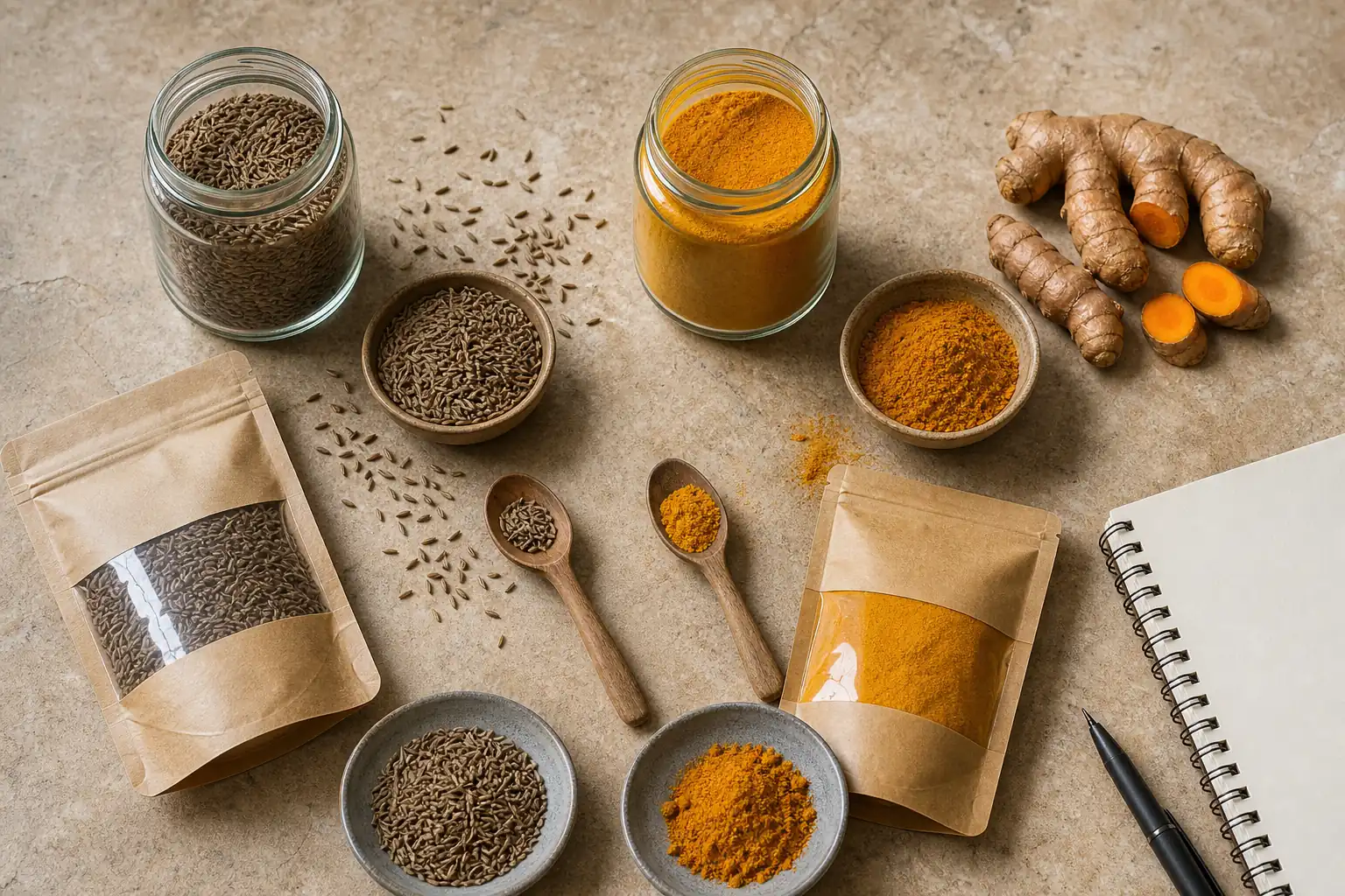 Two unlabeled spice jars compared by aroma, whole versus ground form, package size, and freshness on a kitchen counter