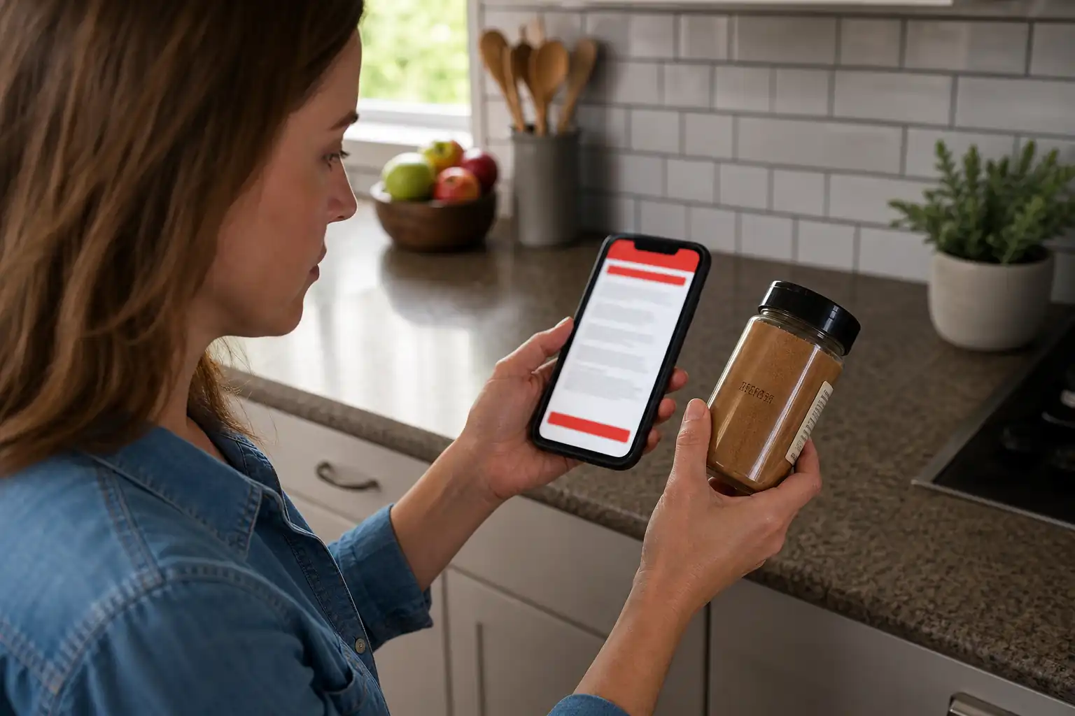 Shopper checking the lot code on an unlabeled cinnamon jar against an official recall notice on a phone