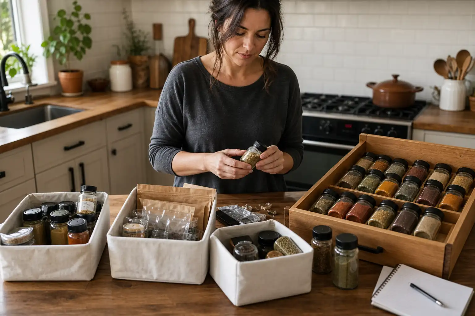 Home cook sorting weekly spice jars, small specialty packets, and rarely used jars during a pantry audit
