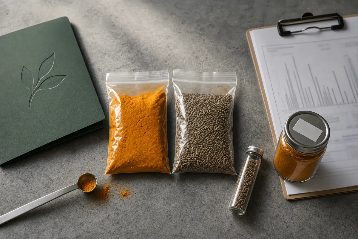 Two sealed spice samples beside an organic certification folder, a batch testing clipboard, and a visible lot code - organic spice evidence | KnowTheSpices