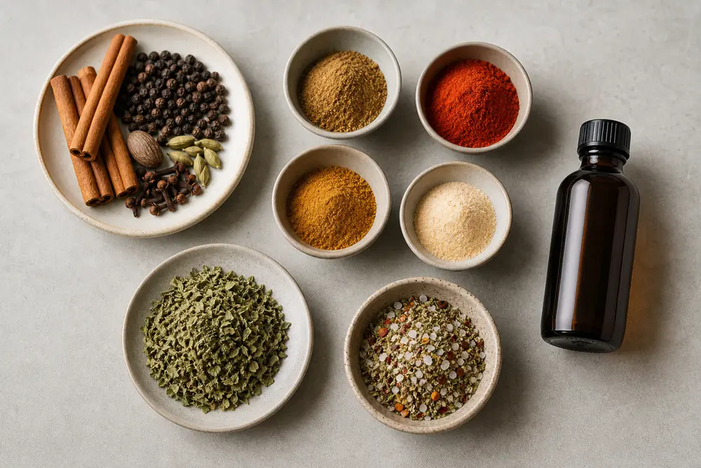 Whole spices, ground spices, dried herbs, seasoning blend, and vanilla extract grouped by shelf life form