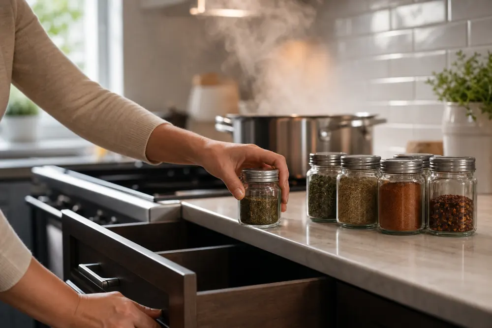 Closed spice jars being moved away from stove heat and steam toward a dark drawer