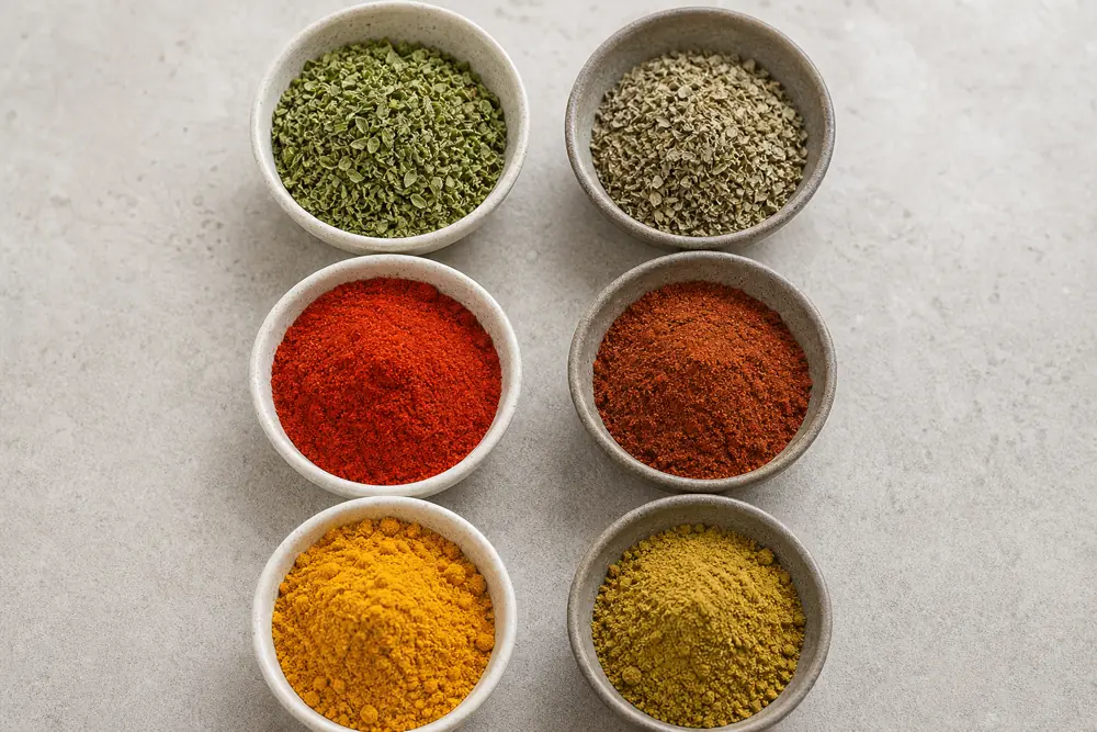 Fresh-looking and faded dried herbs, paprika, and turmeric in small bowls for shelf life comparison