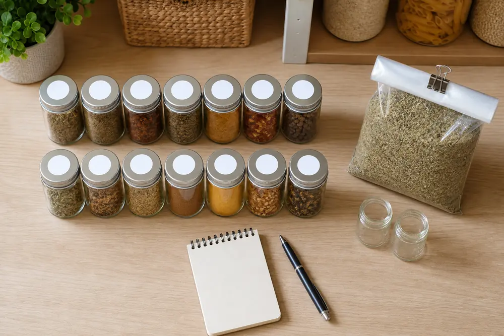 Small unlabeled spice jars with blank lid stickers, pen, and folded bulk bag for pantry rotation