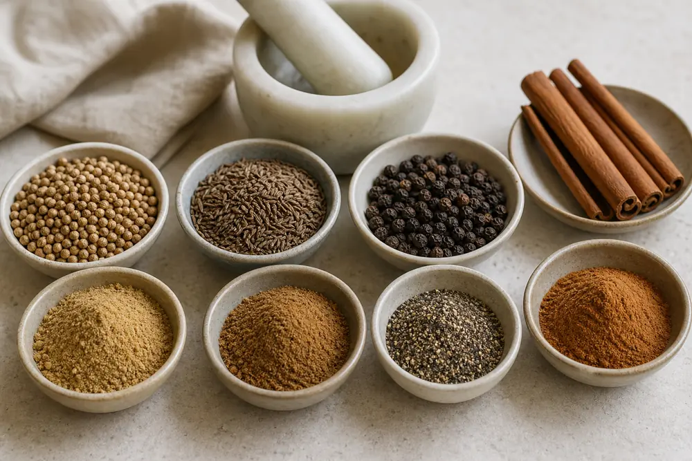 Whole coriander, cumin, peppercorns, cinnamon sticks, and matching ground powders with a mortar