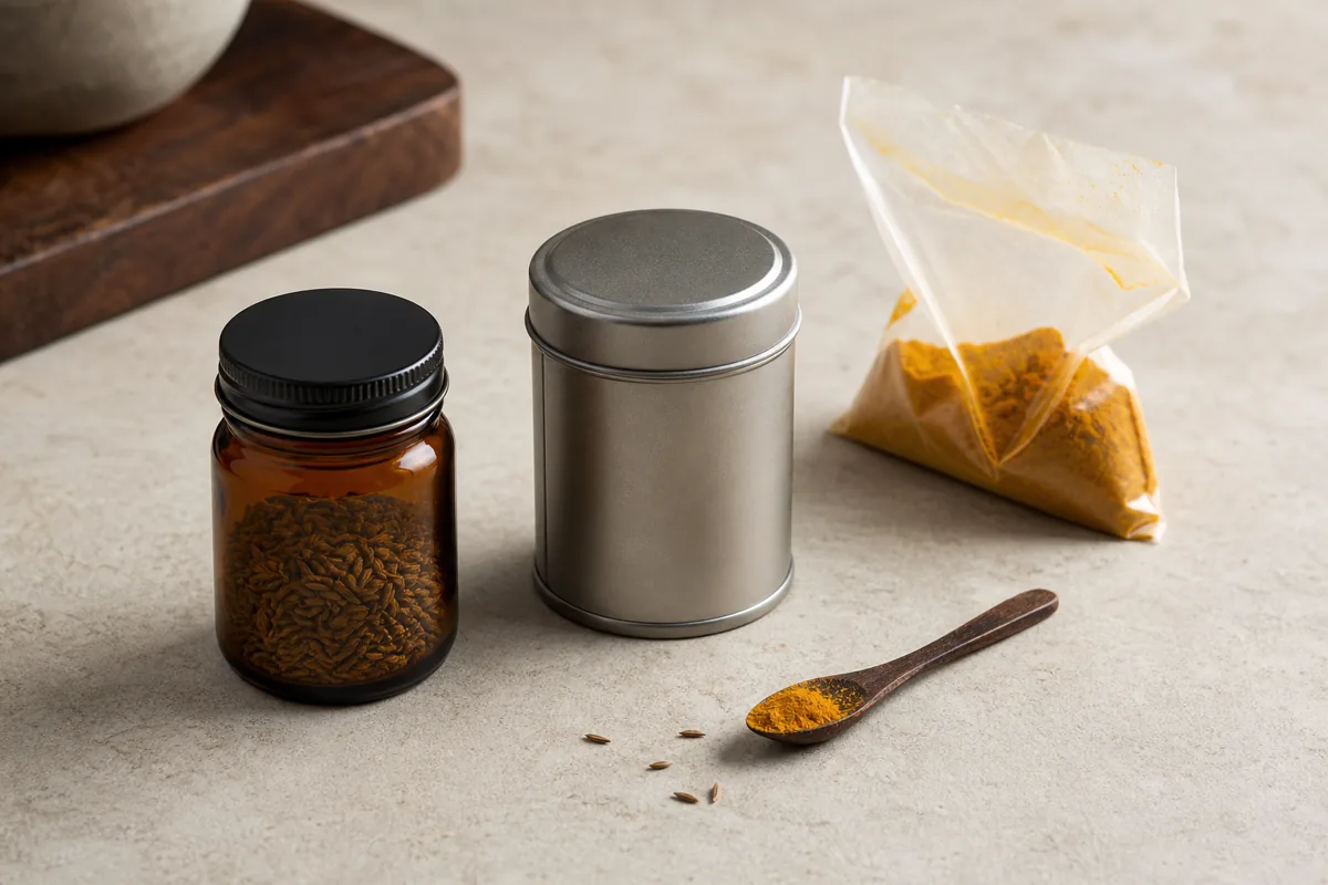Airtight amber spice jar and opaque tin beside a loosely folded turmeric refill bag - spice container comparison | KnowTheSpices