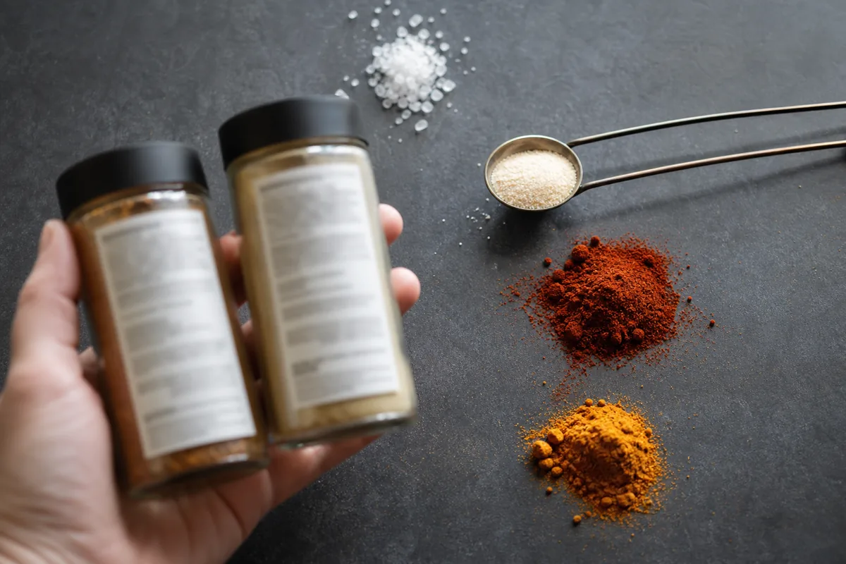 Shopper comparing generic spice back panels beside salt crystals, ground seasoning, and a measuring spoon - spice label ingredients | KnowTheSpices