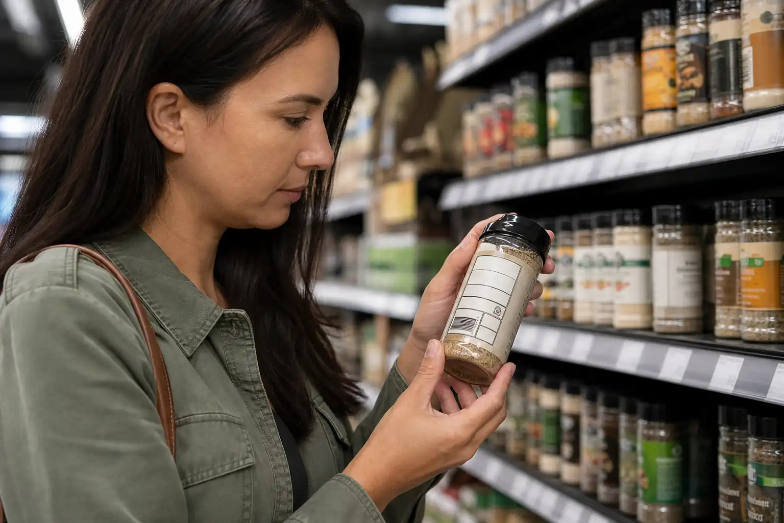 Shopper holding a generic spice jar while checking six back label fields in a grocery aisle