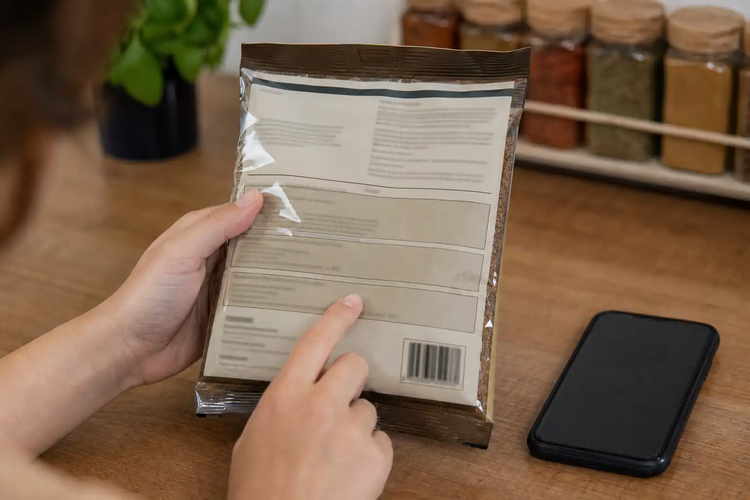 Generic spice package back panel with country of origin, packed by company, distributor contact, and lot code highlighted by a shopper